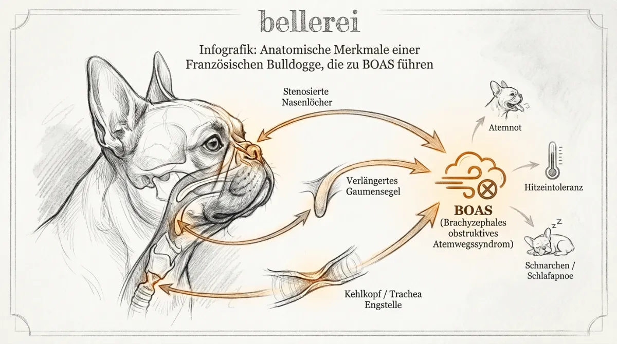 Infografik: Anatomische Merkmale einer französischen Bulldogge, die zu BOAS führen