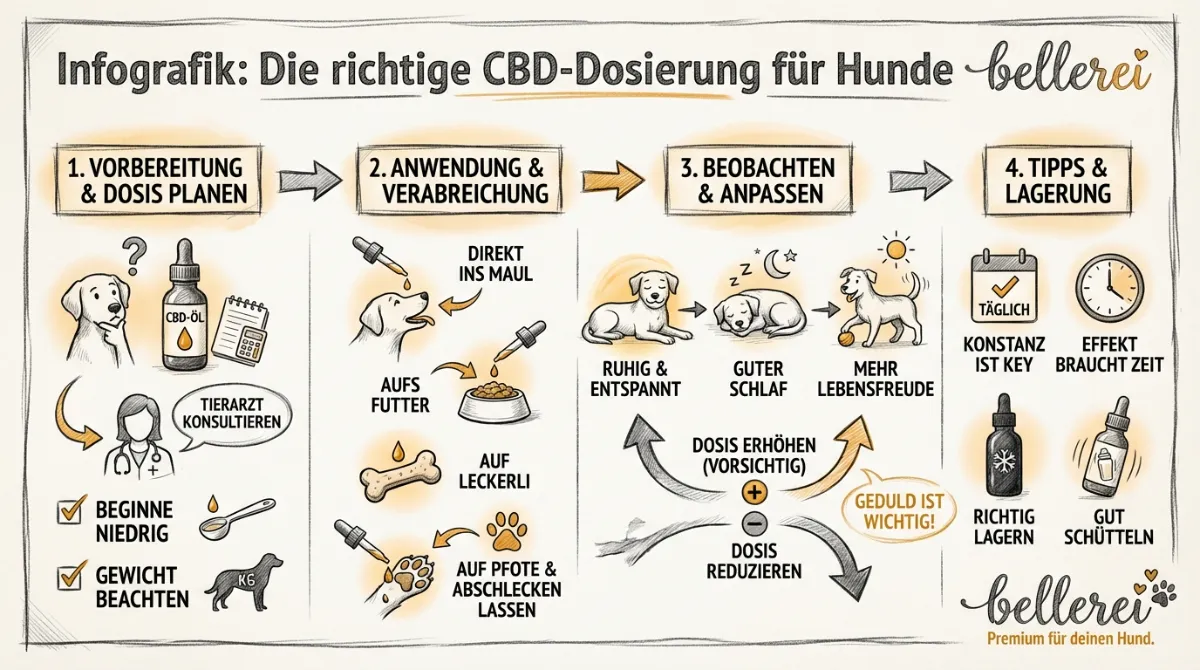 Infografik: Die richtige CBD-Dosierung für Hunde – Eine übersichtliche Grafik mit Schritten und Tipps für die Anwendung von CBD-Öl bei Hunden.