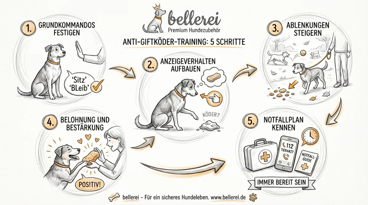 Infografik mit 5 Schritten für ein erfolgreiches Anti-Giftköder-Training: 1. Grundkommandos festigen, 2. Anzeigeverhalten aufbauen, 3. Ablenkungen steigern, 4. Belohnung und Bestärkung, 5. Notfallplan kennen.