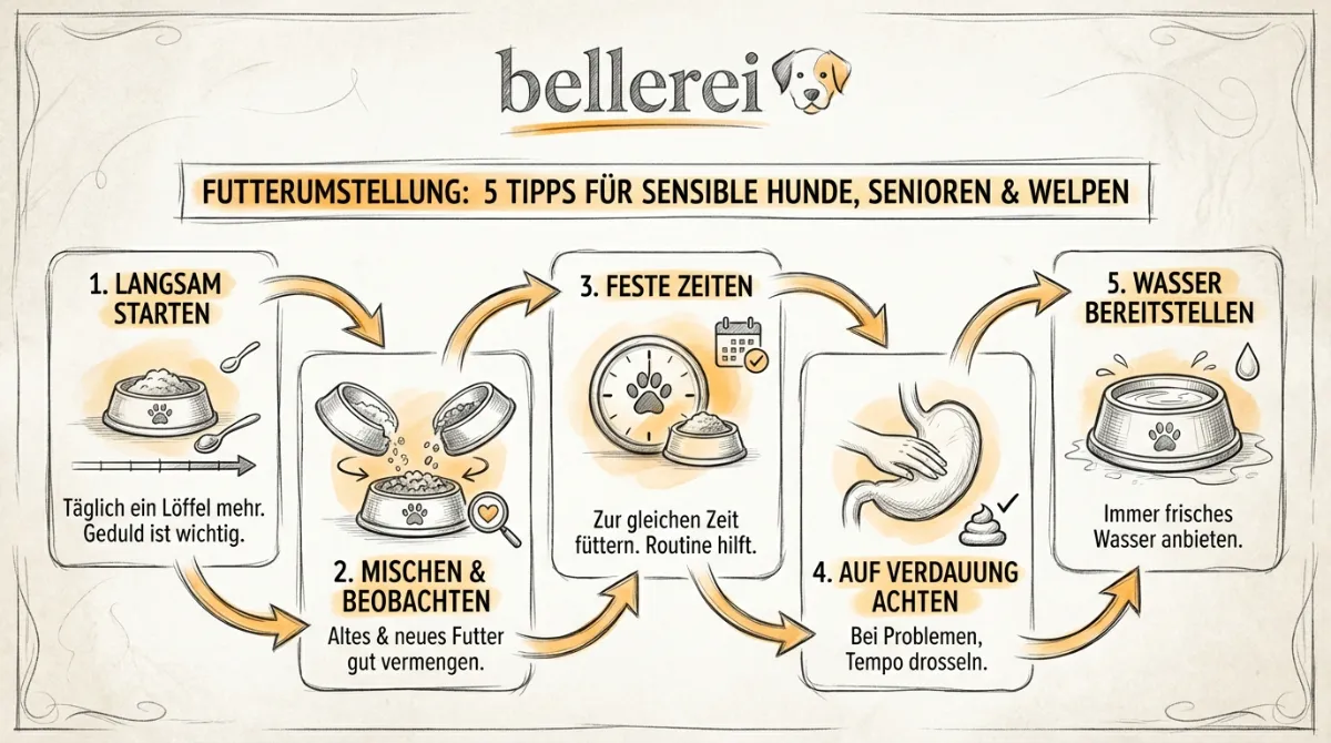Infografik mit 5 Tipps zur Futterumstellung für sensible Hunde, Senioren und Welpen, mit Icons und kurzen Texten.