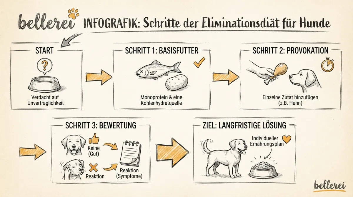 Infografik: Schritte der Eliminationsdiät für Hunde.