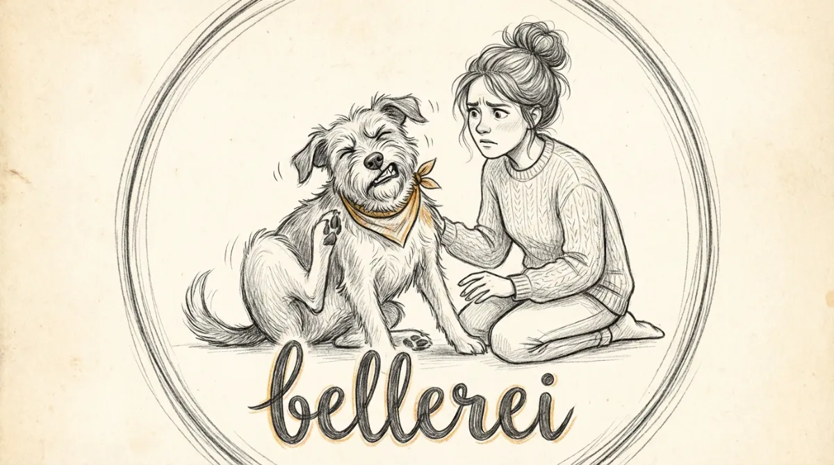 A dog scratching its ear with a worried owner looking on.