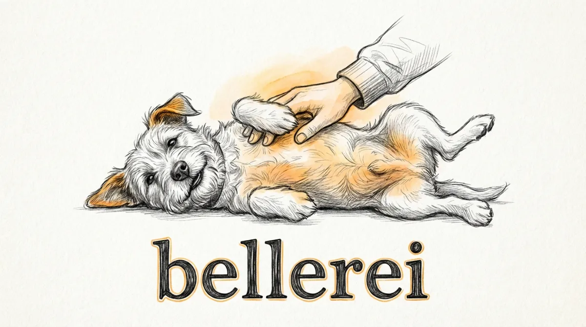 A happy dog getting its belly rubbed, looking relaxed.