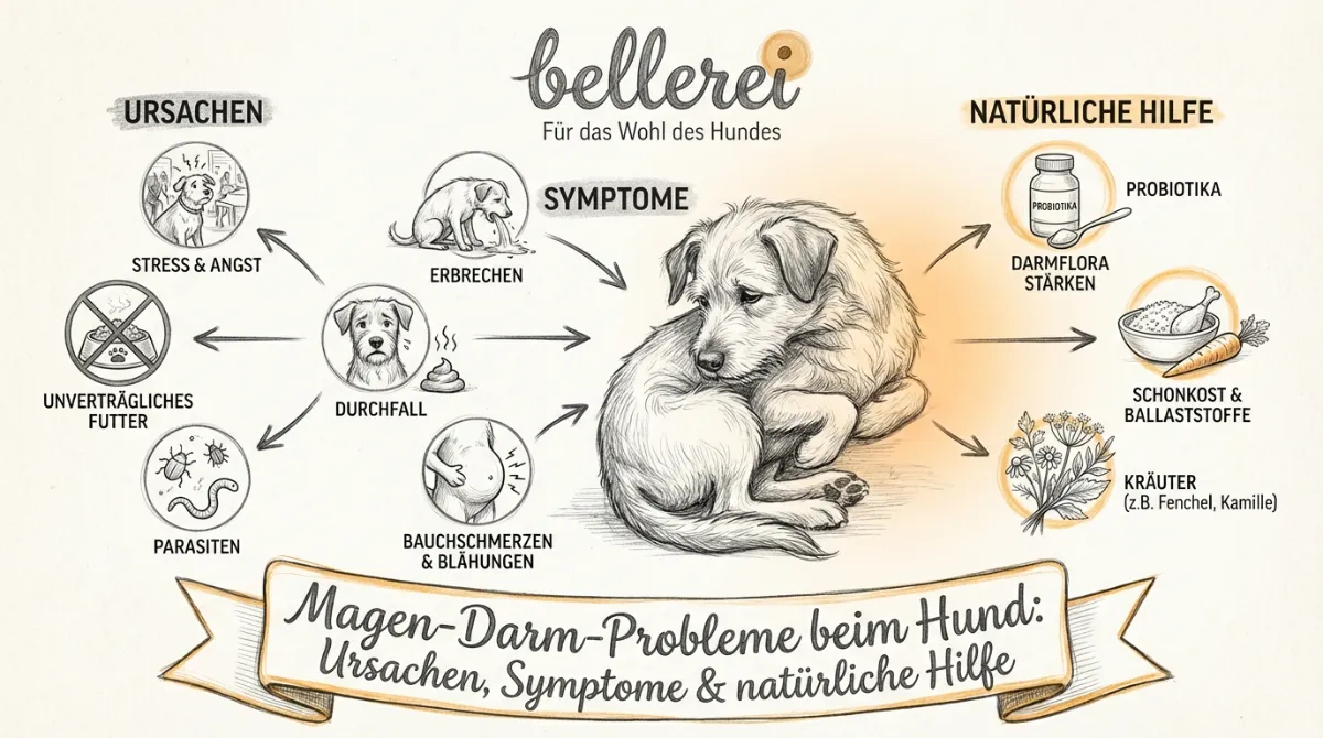 Hero Image for Magen-Darm-Probleme Hund: Ursachen, Symptome & natürliche Hilfe, pencil sketch style