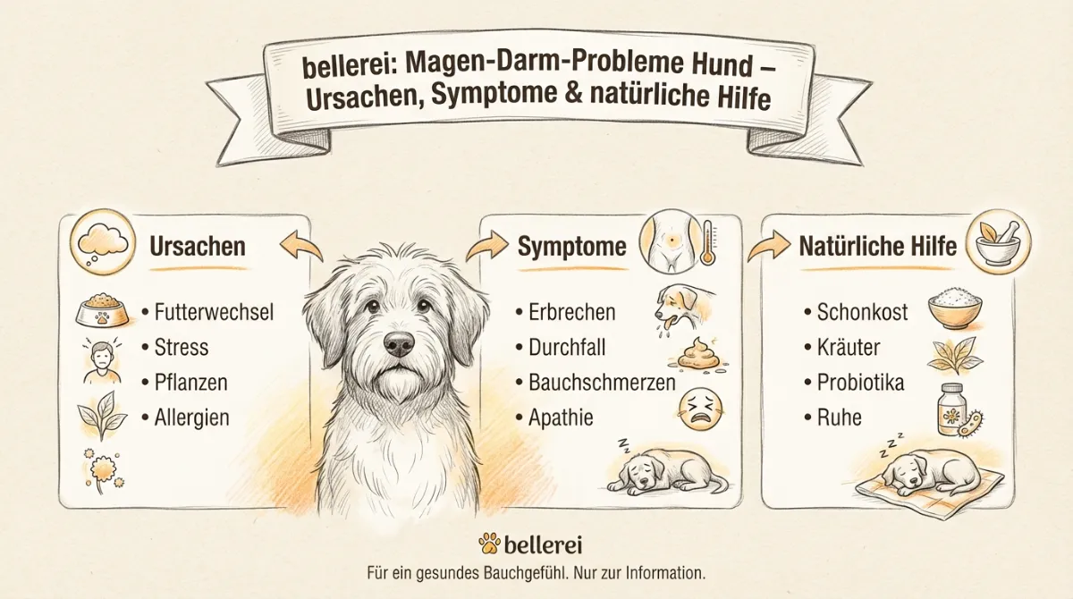 Educational infographic for Magen-Darm-Probleme Hund: Ursachen, Symptome & natürliche Hilfe with GERMAN TEXT ONLY, pencil sketch style