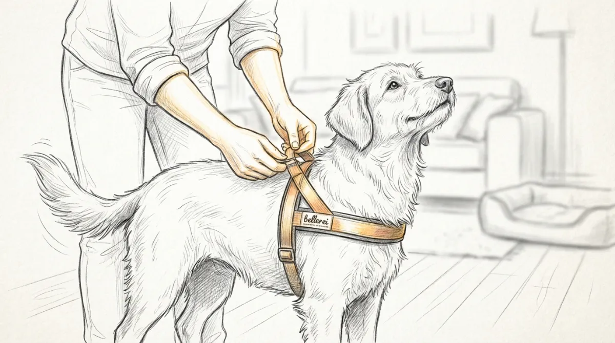 Owner gently putting a bellerei Y-harness on a happy, calm dog, showcasing the comfortable fit.
