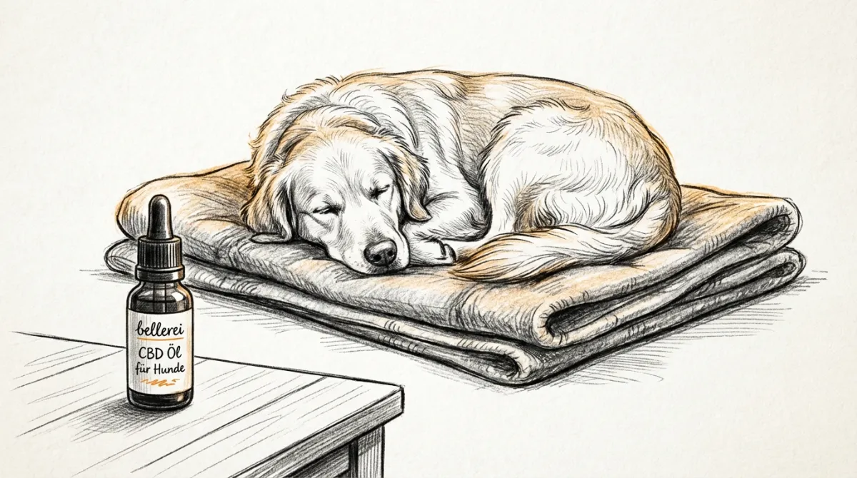 A calm dog resting peacefully on a soft blanket, with a bellerei CBD oil bottle subtly visible nearby, conveying relaxation.