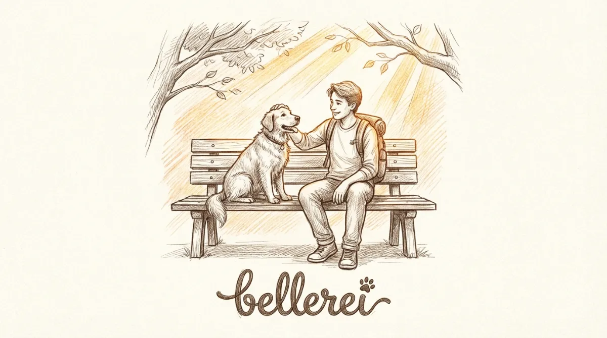 Eine Person und ihr Hund sitzen entspannt zusammen auf einer Parkbank, die Person streichelt den Hund. Die Sonne scheint.