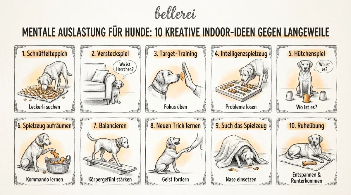 Educational infographic for Mentale Auslastung für Hunde: 10 kreative Indoor-Ideen gegen Langeweile with GERMAN TEXT ONLY, pencil sketch style