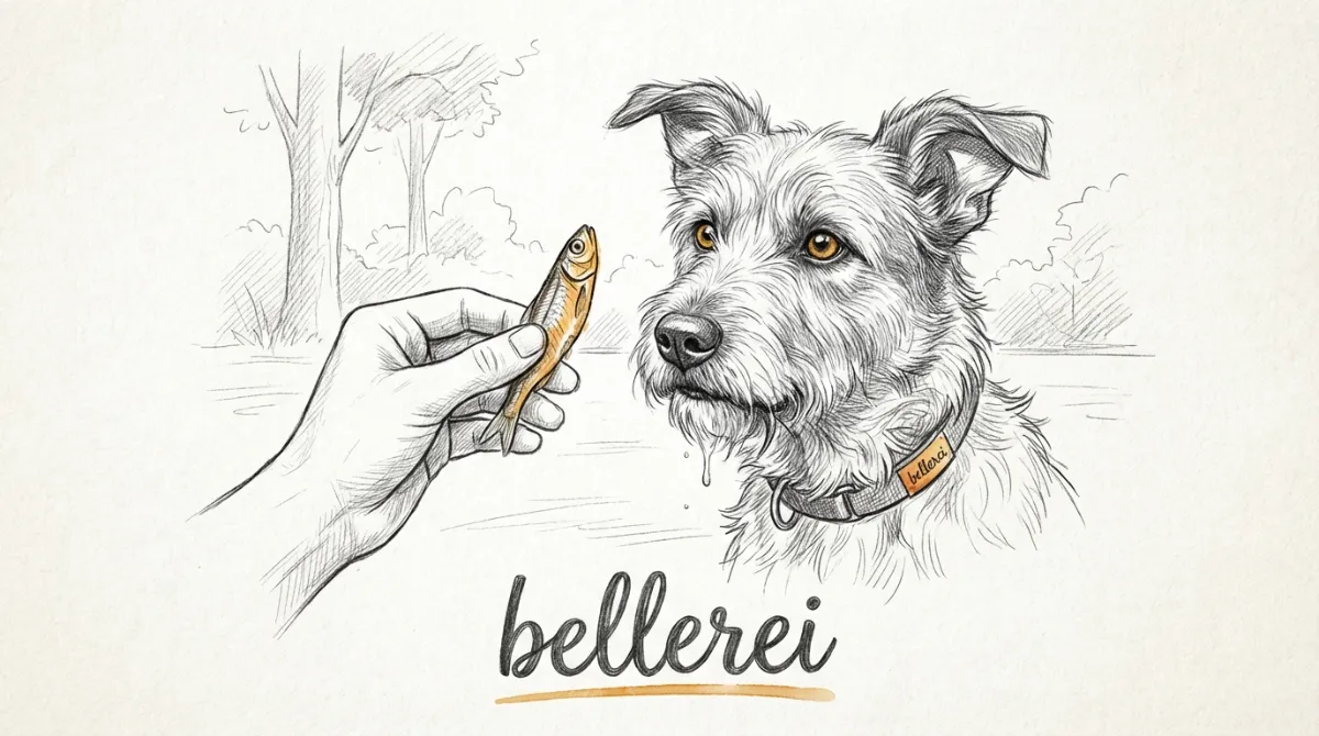 A hand offering a small fish treat to a dog, capturing the dog's eager attention.