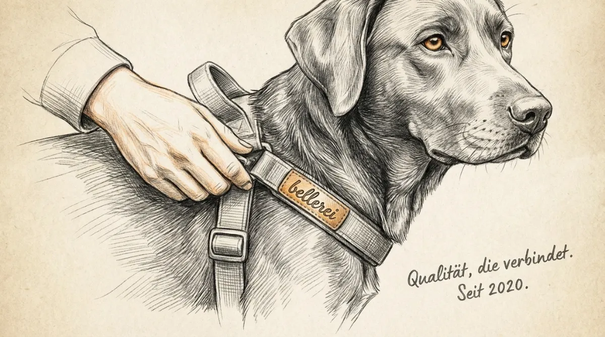 Nahaufnahme einer Hand, die ein hochwertiges bellerei Geschirr an einem Hund anlegt