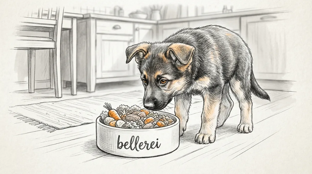 Ein Schäferhundwelpe, der neugierig an einem Napf mit gesunder, frischer Hundenahrung schnüffelt.