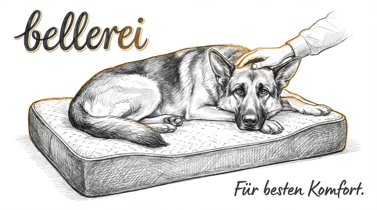 Ein Schäferhund liegt entspannt auf einem orthopädischen Hundebett, daneben eine helfende Hand, die ihn sanft streichelt.