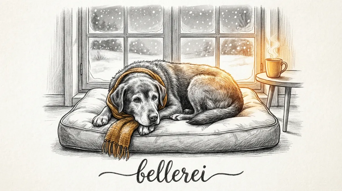 Ein alter, gemütlicher Hund mit grauer Schnauze liegt entspannt auf einem weichen Hundebett vor einem Fenster, durch das Schnee zu sehen ist. Er schaut friedlich in die Kamera.