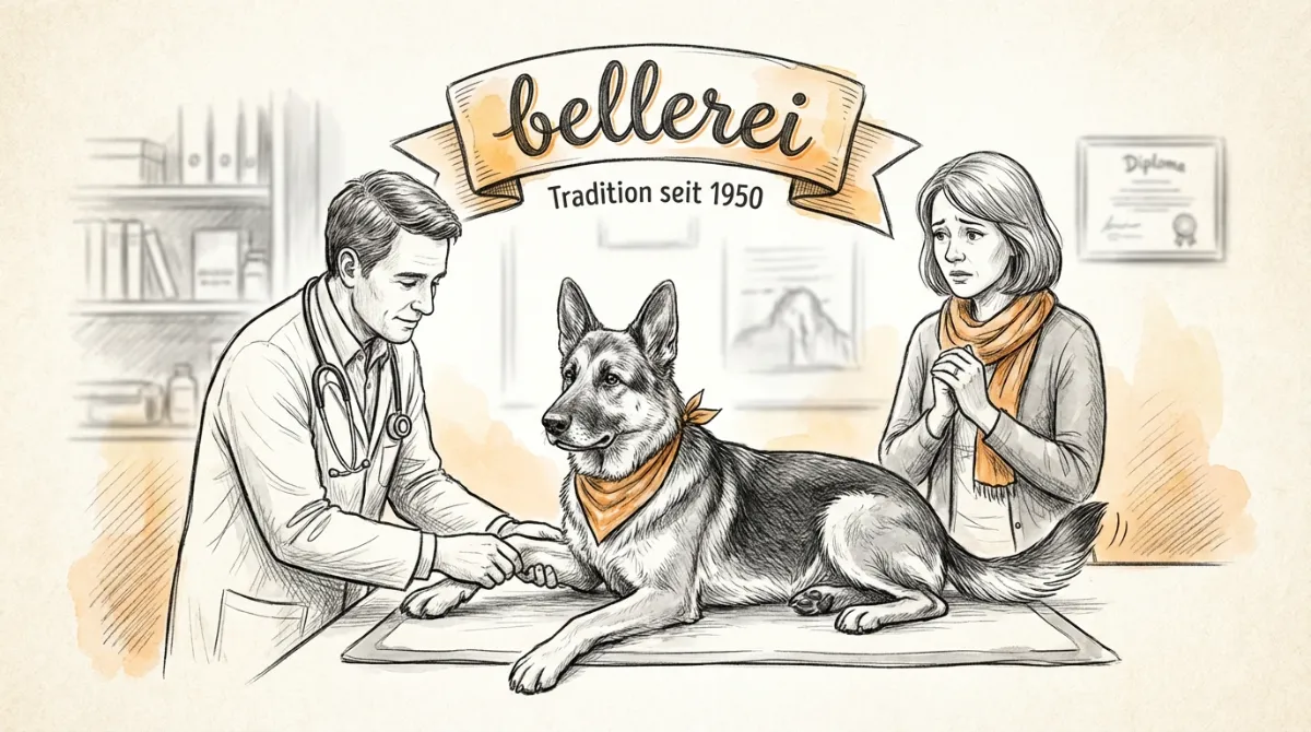 Ein Tierarzt untersucht sanft die Gelenke eines älteren Hundes, während der Besitzer danebensteht und besorgt zuschaut. Die Szene ist warm und vertrauensvoll.