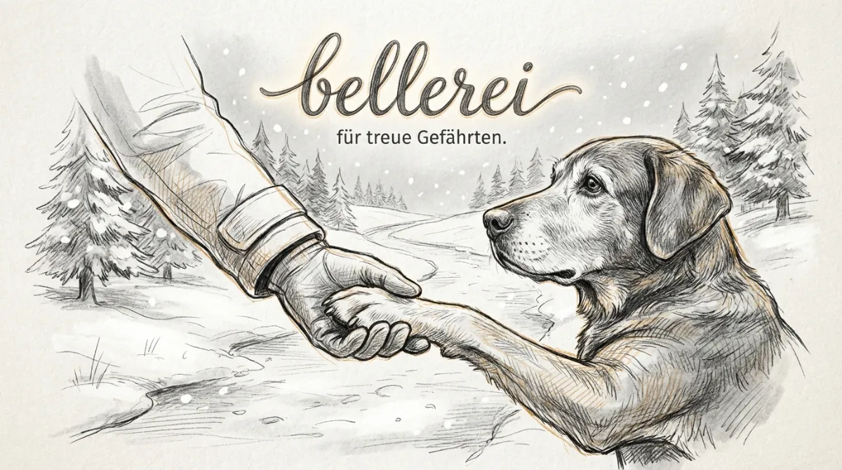 Ein liebevoller Moment, in dem ein Mensch die Pfote eines alten Hundes hält, während er draußen auf einem verschneiten Weg geht. Fokus auf die Verbindung und Fürsorge.