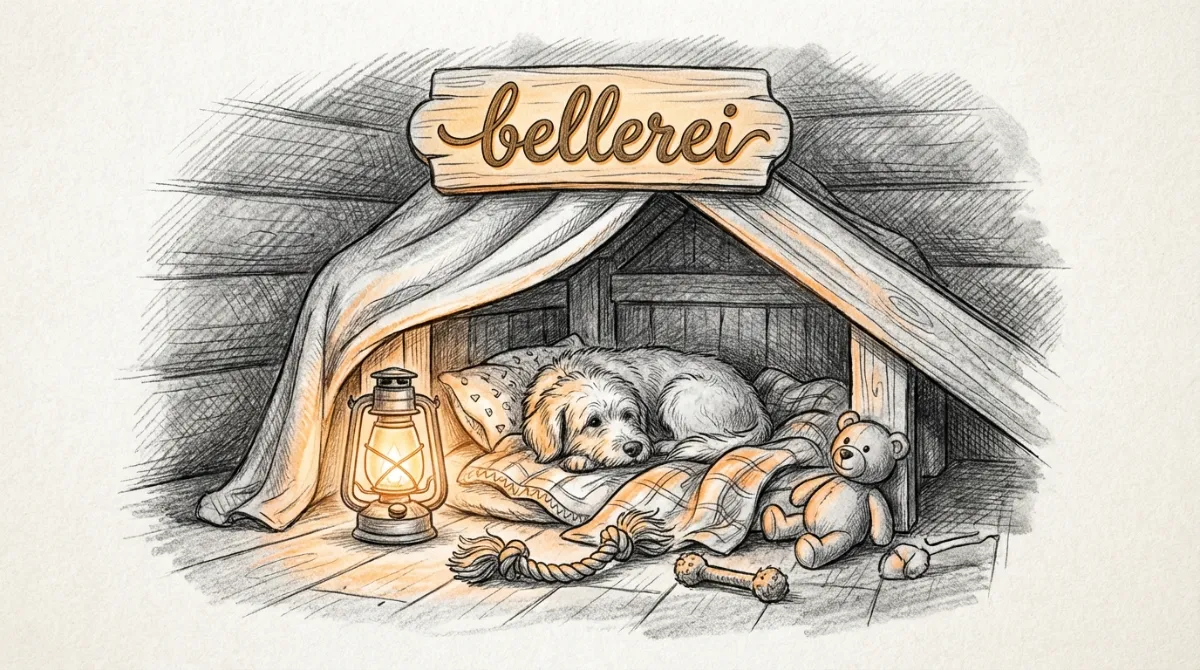 A cozy, dark den set up for a dog with blankets and toys, possibly with soft lighting.