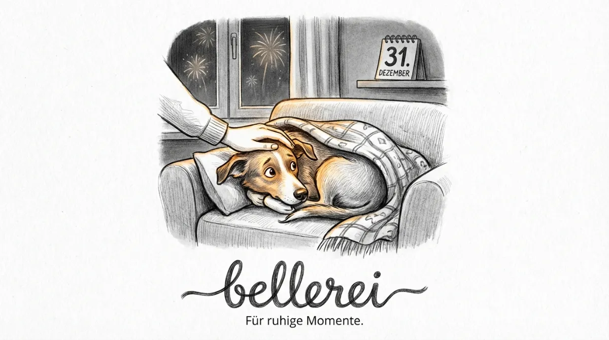 A human calmly petting a dog that is slightly anxious but resting in its safe space on Silvester evening.