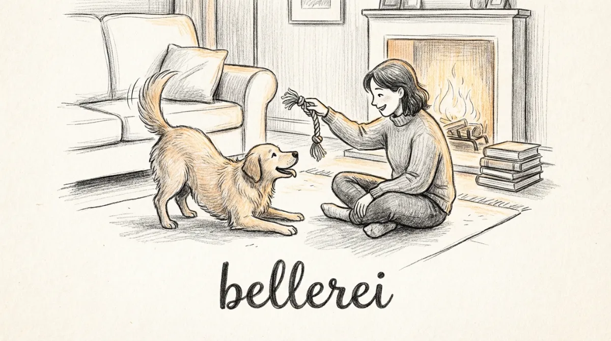 A happy dog playing calmly with its owner indoors, away from any loud noises, symbolizing a safe retreat.