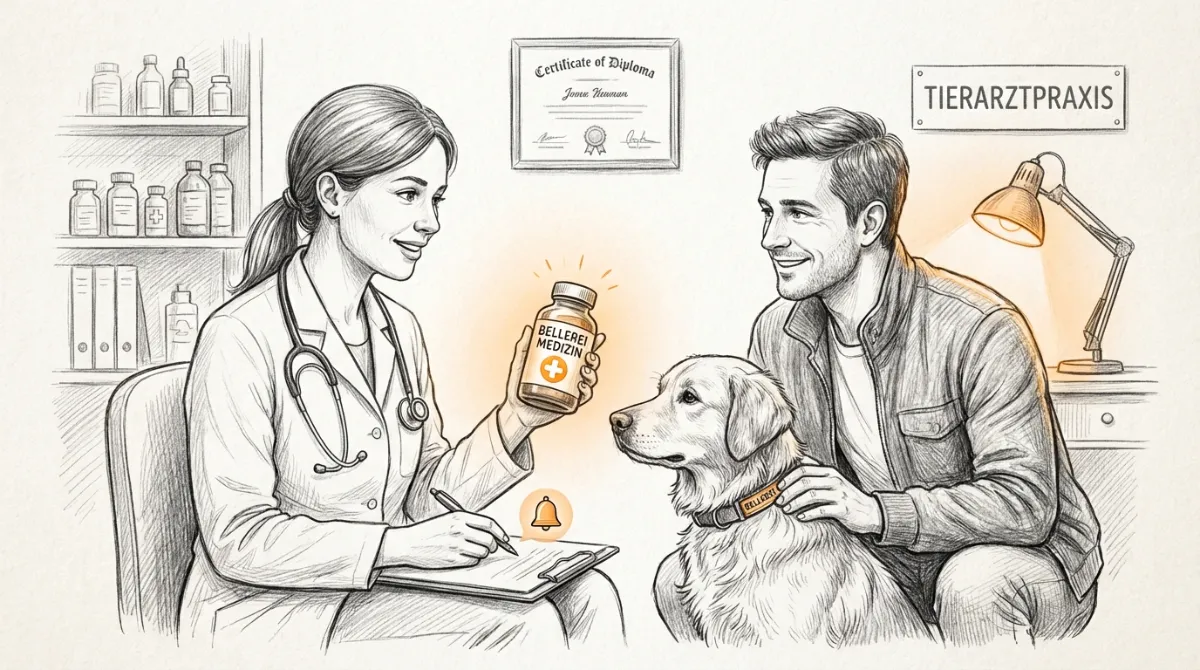 A veterinarian consulting with a dog owner about medication for a dog, with a gentle, reassuring atmosphere.