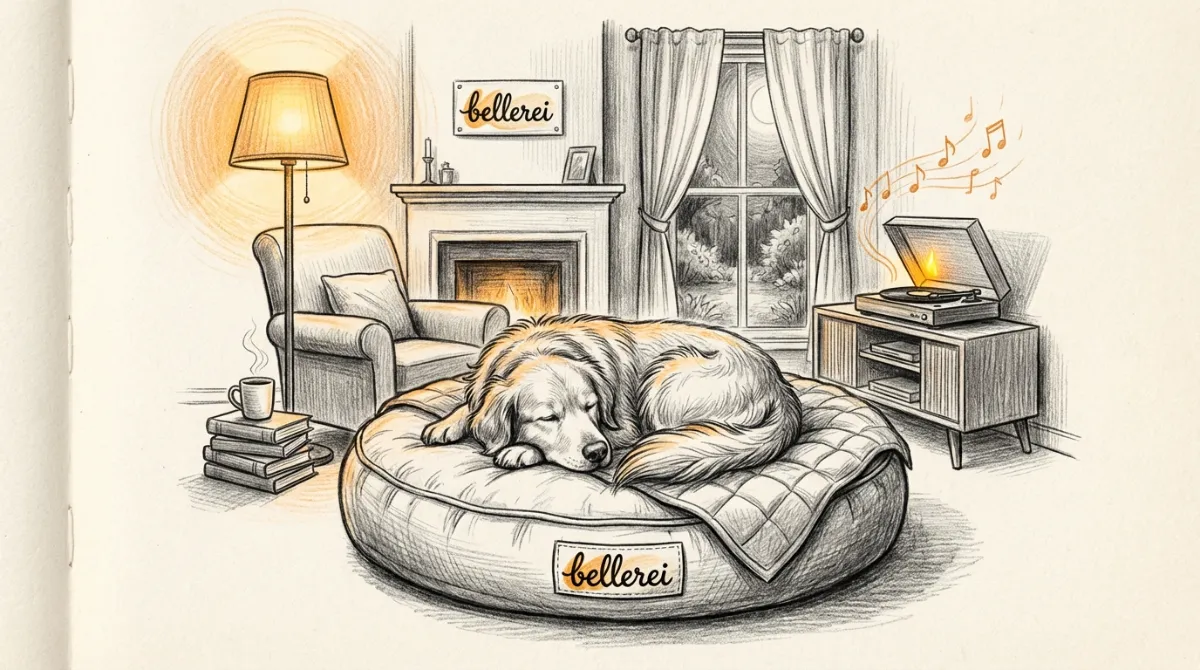 A cozy living room setup with a dog relaxing on a comfortable bed, gentle lighting, and soft music playing, symbolizing a safe environment.