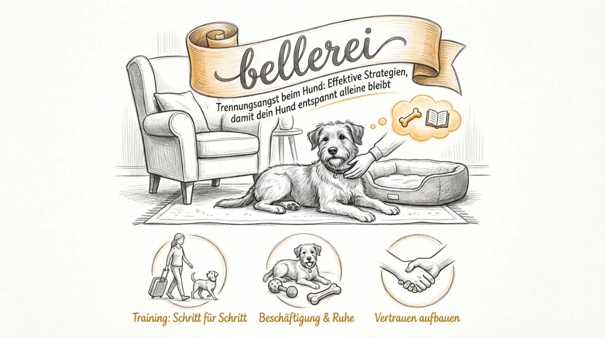 Hero Image for Trennungsangst beim Hund: Effektive Strategien, damit dein Hund entspannt alleine bleibt, pencil sketch style