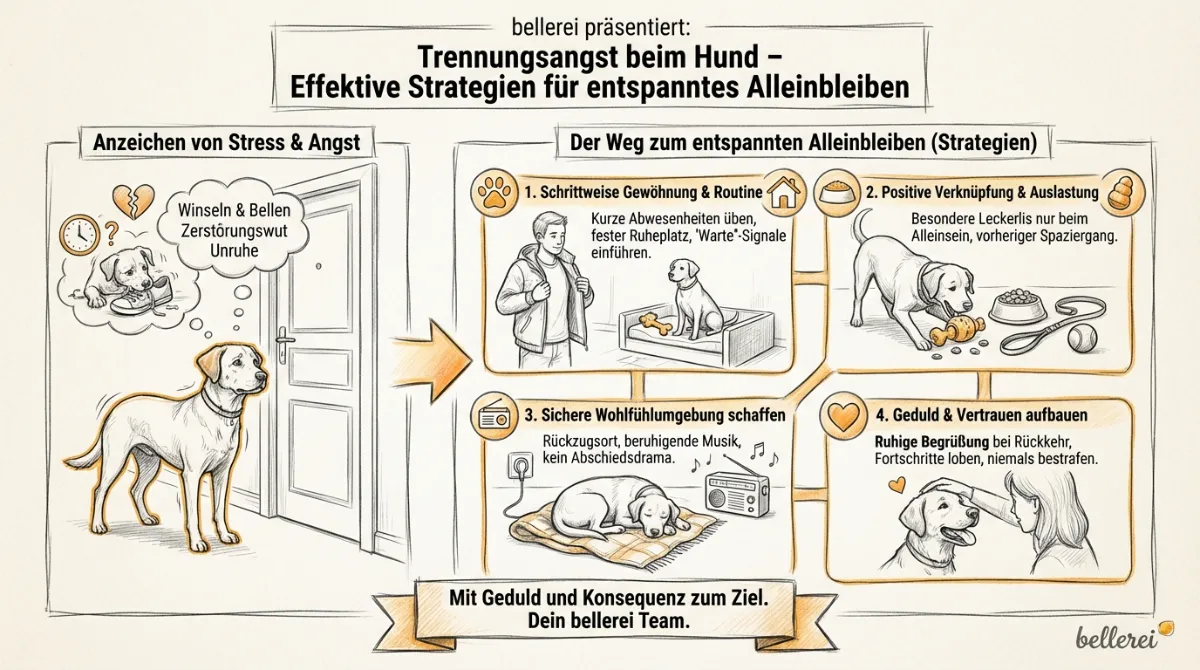 Educational infographic for Trennungsangst beim Hund: Effektive Strategien, damit dein Hund entspannt alleine bleibt with GERMAN TEXT ONLY, pencil sketch style