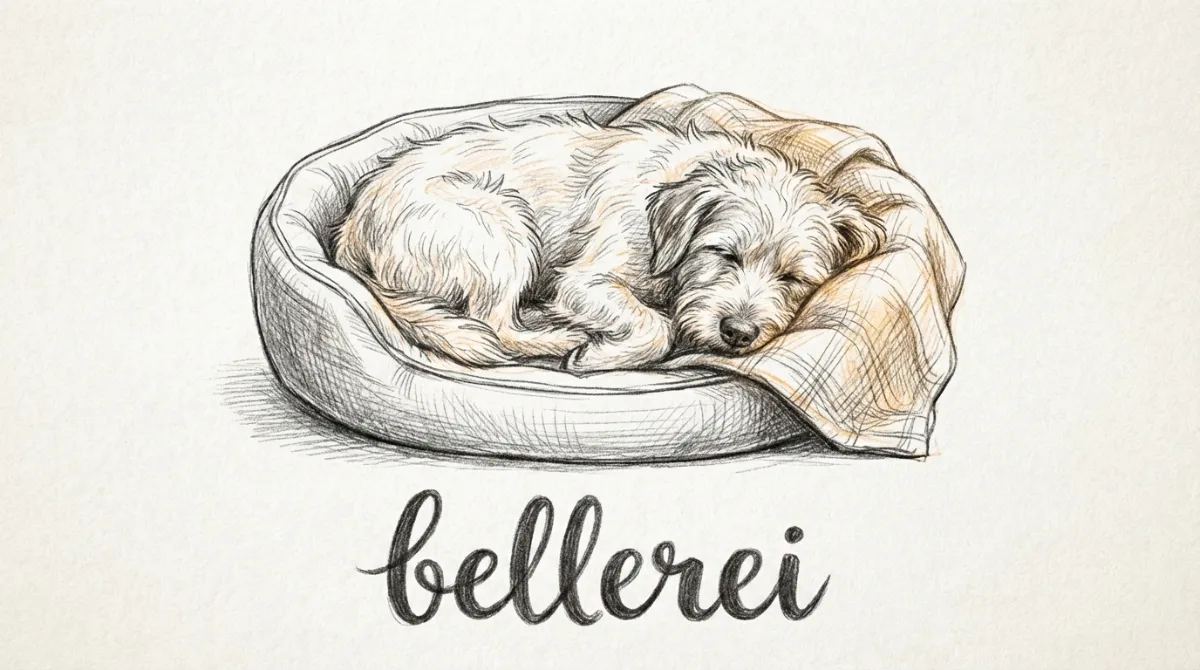 A dog peacefully sleeping in its bed, looking relaxed and content, with soft, warm lighting.