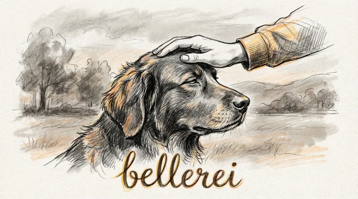 A human hand gently petting a dog's head, showing a strong bond and trust, with a blurry outdoor background.