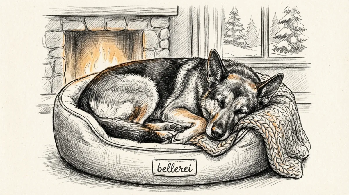 A senior dog comfortably sleeping in a warm, cozy bed indoors during winter.