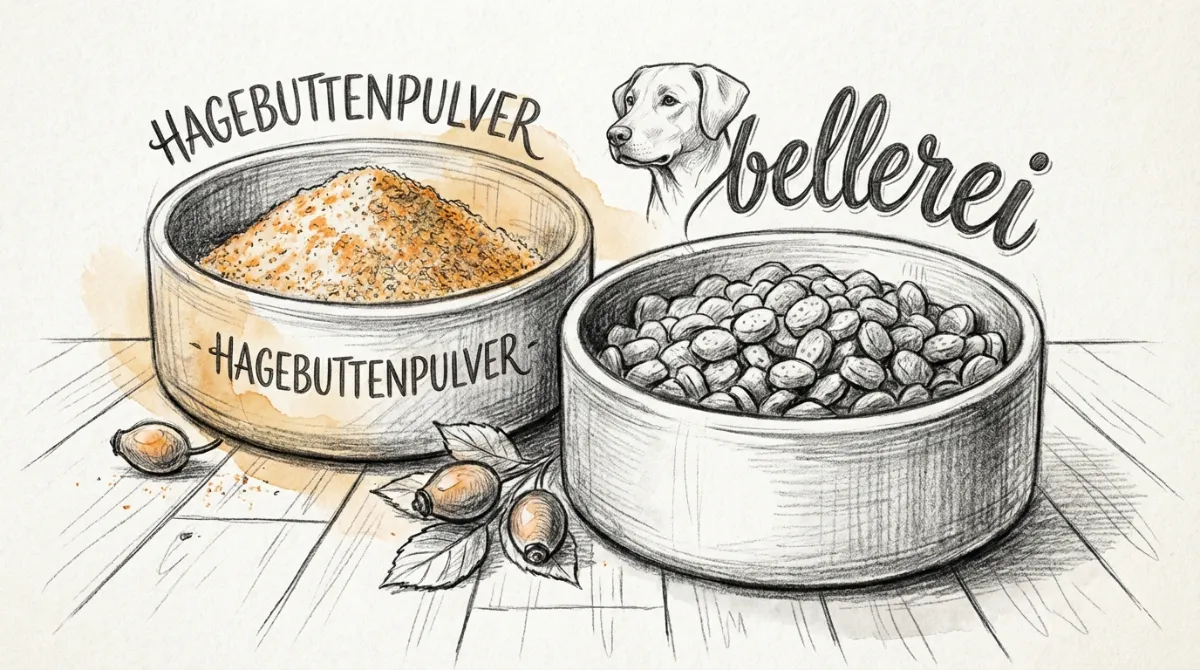 A bowl of Hagebuttenpulver next to a dog's food bowl.