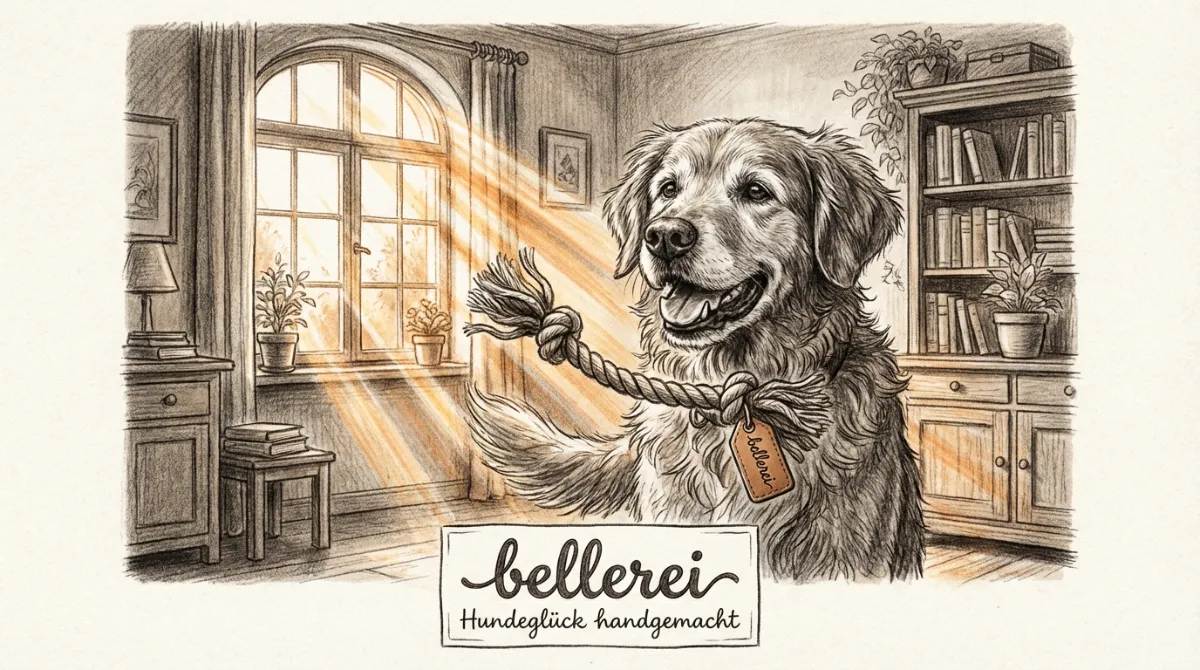 A senior dog happily playing with a bellerei toy in a sunlit room.