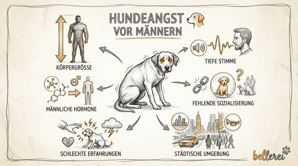 Hundeangst vor Männern: Ursachen-Infografik zu Größe, Stimme und Sozialisierung des Hundes.