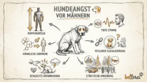 Hundeangst vor Männern: Ursachen-Infografik zu Größe, Stimme und Sozialisierung des Hundes.