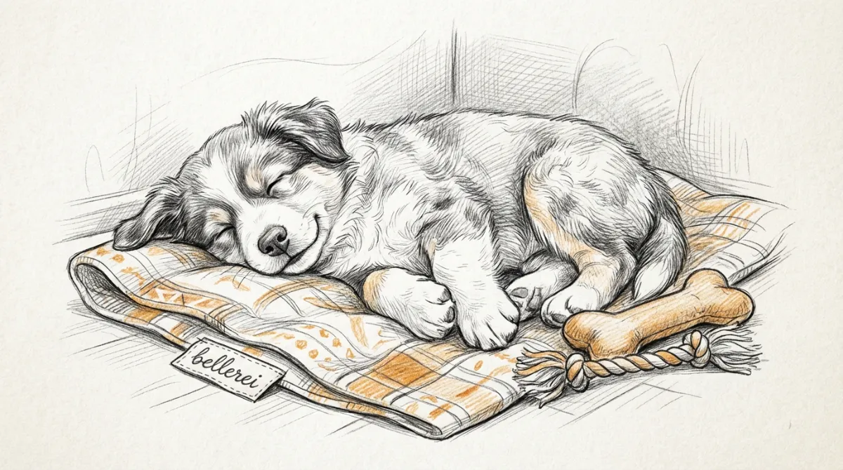 Australian Shepherd Welpe schläft friedlich auf bellerei Decke – Welpen Eingewöhnung.