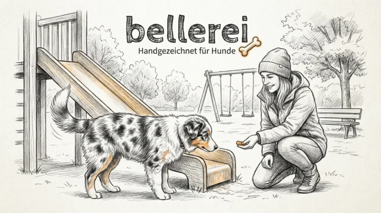 Aussie Welpen Erziehung: Frau füttert Australian Shepherd auf Spielplatz.