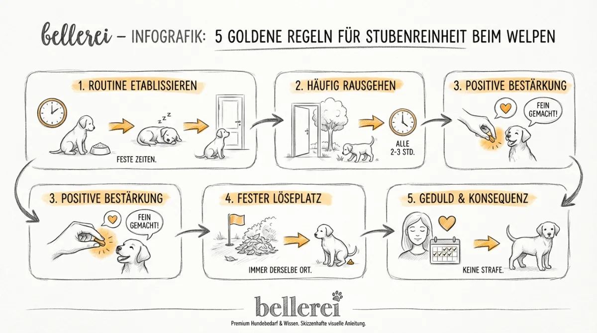 bellerei Infografik: 5 goldene Regeln Stubenreinheit Welpe und Welpentraining.