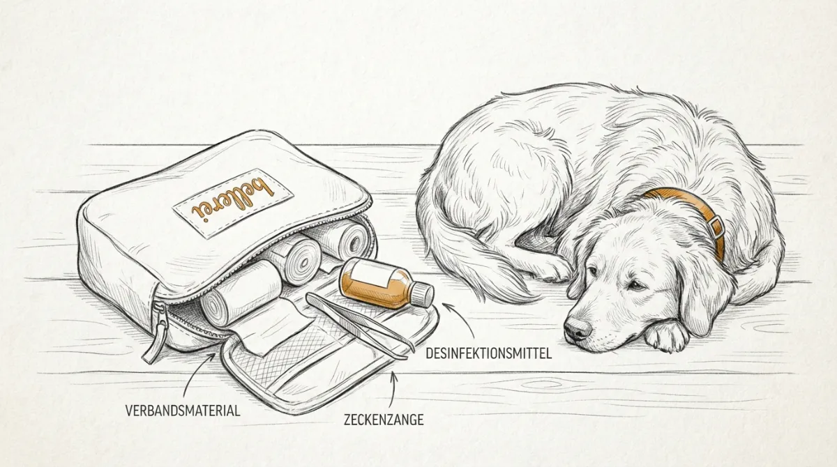 bellerei Reiseapotheke für Hunde mit Erste-Hilfe-Zubehör neben einem Golden Retriever.