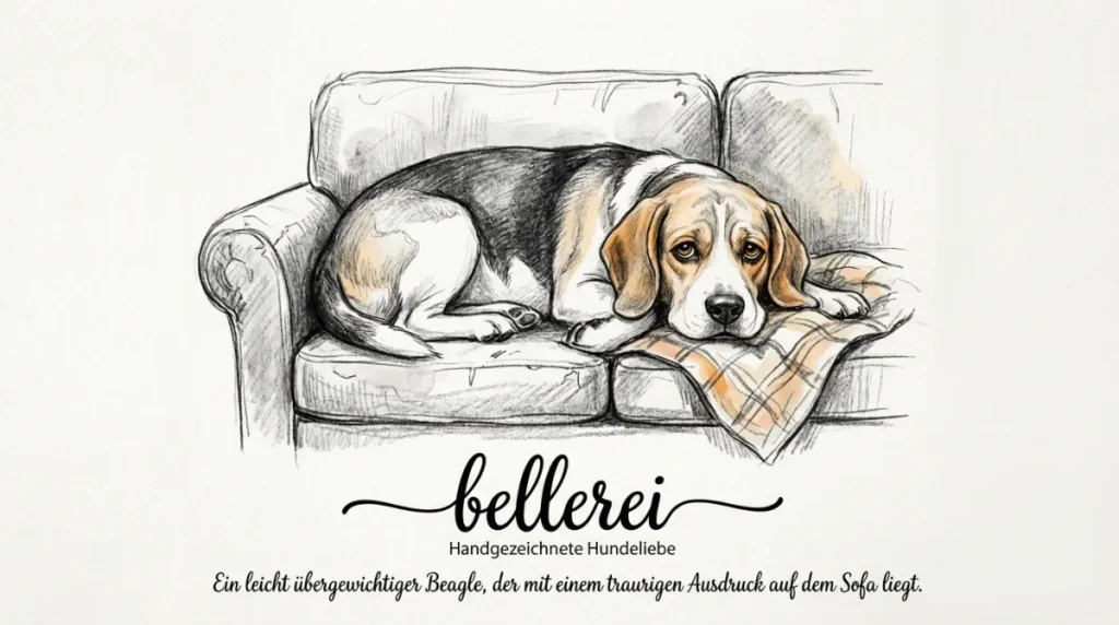 Übergewichtiger Beagle traurig auf Sofa: Zeit für eine fettarme Ernährung.