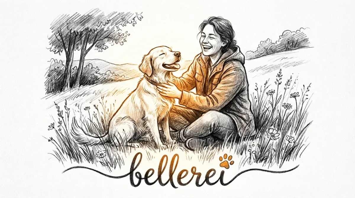 Frau streichelt ihren Hund liebevoll. bellerei: Hunde beruhigen & trainieren.