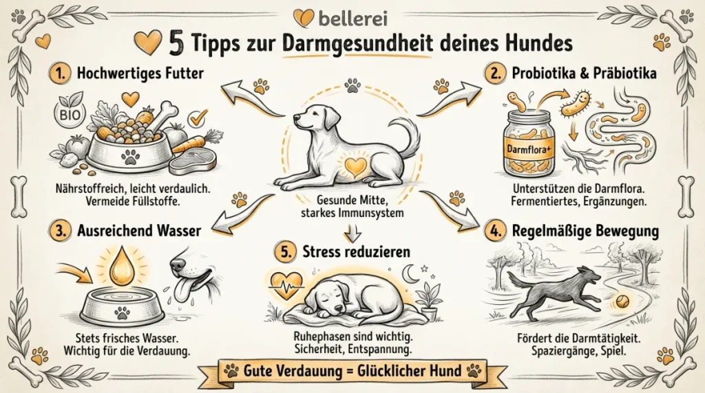Darmgesundheit Hund: Futter, Probiotika, Bewegung. Wichtig bei Giardien Behandlung.