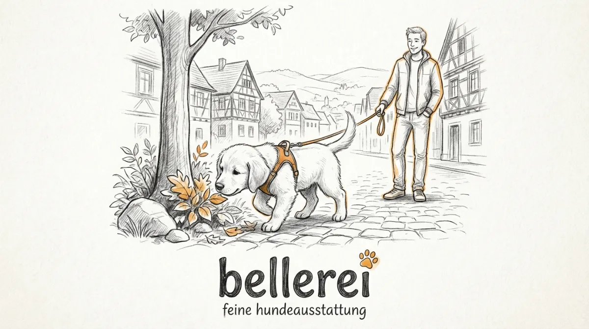 Golden Retriever Training: Welpe an Leine schnüffelt beim Spaziergang.