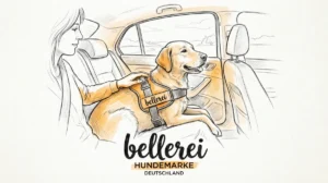Autofahren mit Hund: Entspannter Retriever im bellerei Geschirr im Auto.
