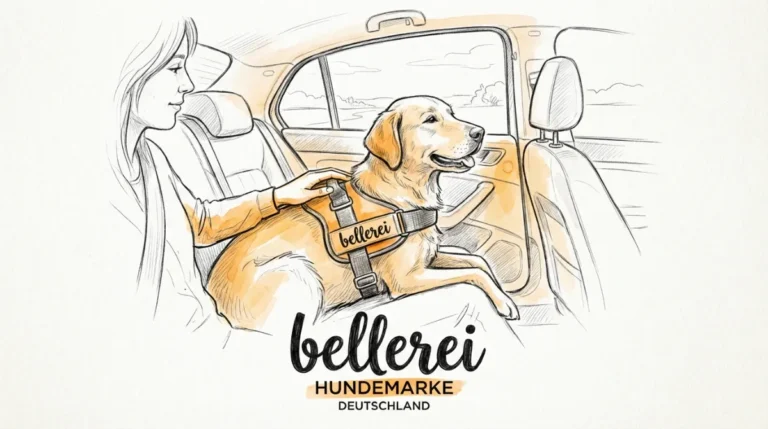 Autofahren mit Hund: Entspannter Retriever im bellerei Geschirr im Auto.