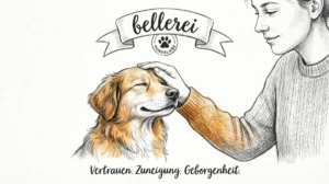 bellerei: Zufriedener Hund genießt sanfte Berührung & Vertrauen.
