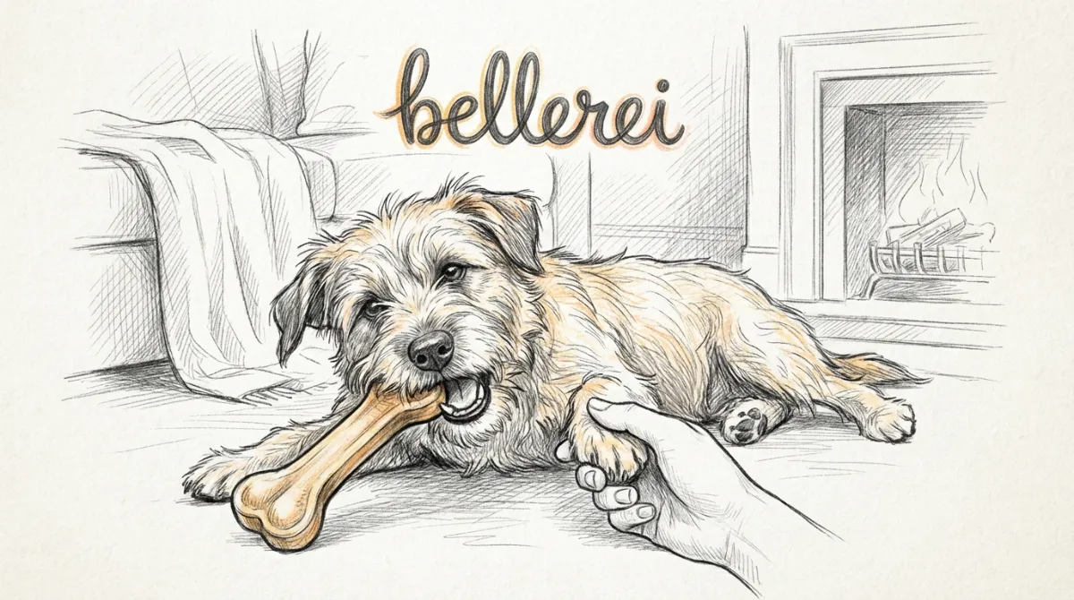 Hund mit Knochen, Hand an Pfote: Ressourcenverteidigung Training.