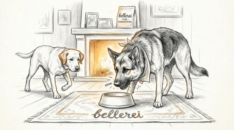 Zwei Hunde, Ressourcenverteidigung Futter: Schäferhund knurrt am Napf.