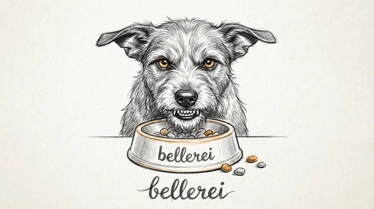 Hund zeigt Futterneid und Ressourcenverteidigung aggressiv am Napf.