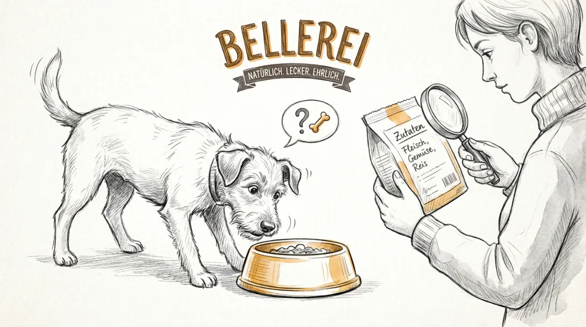 Hundebesitzerin prüft getreidefreies Hundefutter, Hund schaut erwartungsvoll auf Napf.