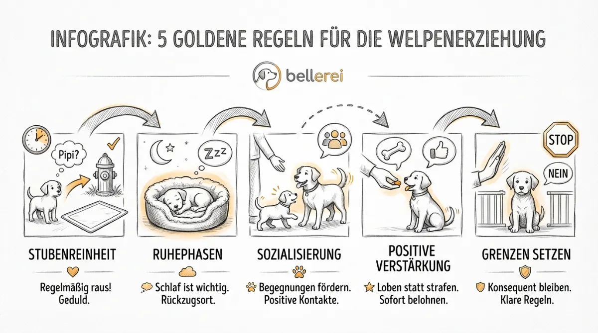 Infografik: 5 goldene Regeln für Australian Shepherd Welpen Erziehung.